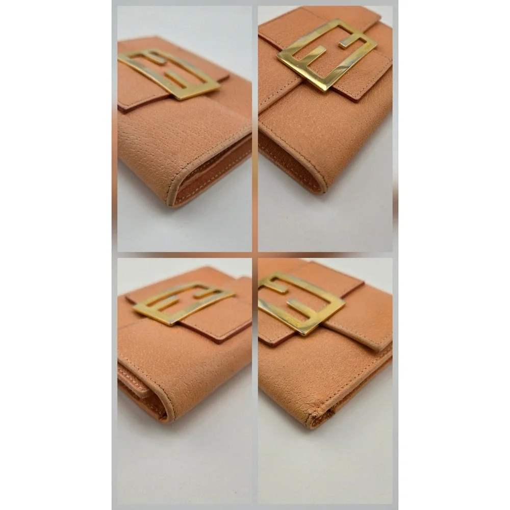 Fendi Peach Leather FF Logo Buckle Trifold Wallet Gold Hardware Compact